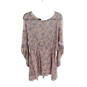 LoveShackFancy Floral Print Mini Dress Pink Lace Trim Long Sleeve Size S